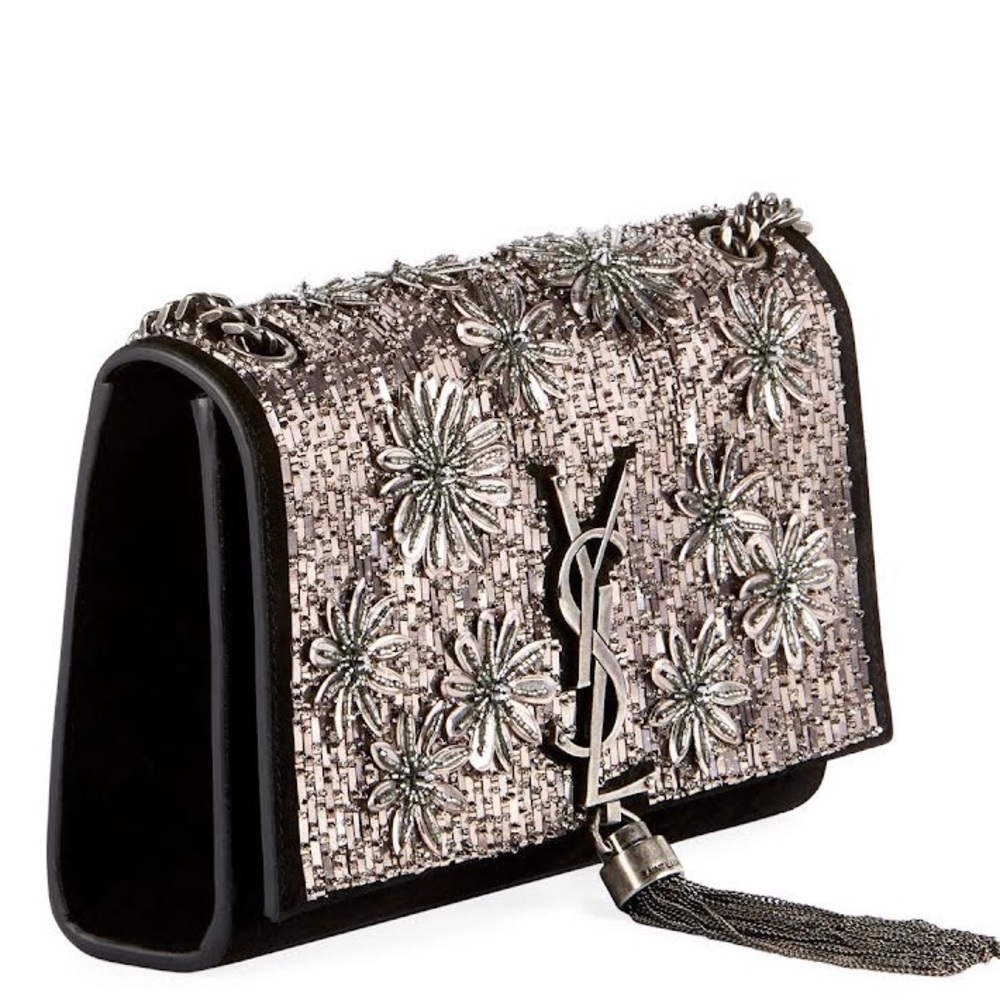 YSL Black Kate Tassel Bag With Beaded Flowers